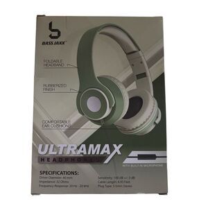 Bass Jaxx Ultramax Wired Headphones with Built-In Mic Green Foldable NIB New